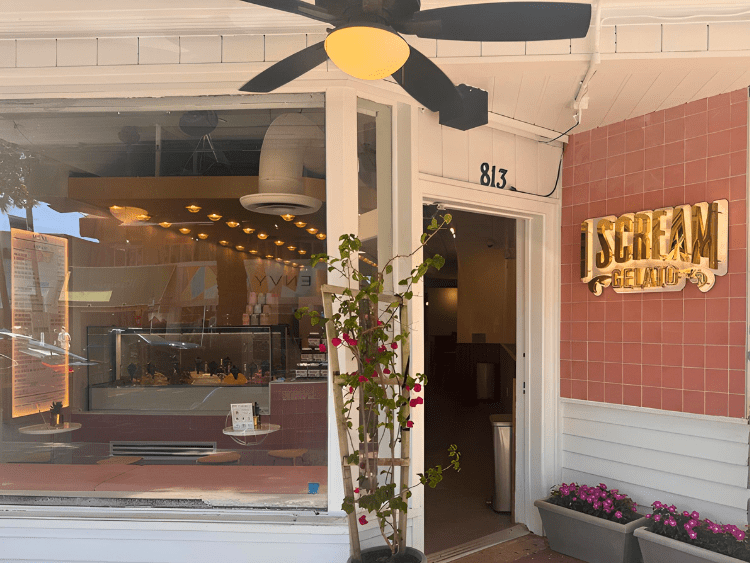 I Scream Gelato storefront on Las Olas Boulevard in Fort Lauderdale, featuring vibrant signage and inviting outdoor seating.