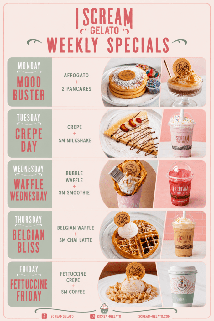 Weekly specials menu graphic for I Scream Gelato Park Meadows featuring authentic Italian gelato, desserts, coffee specials, bubble waffles, and sweet treats available Monday through Friday at the Park Meadows Mall food hall in Lone Tree, Colorado.