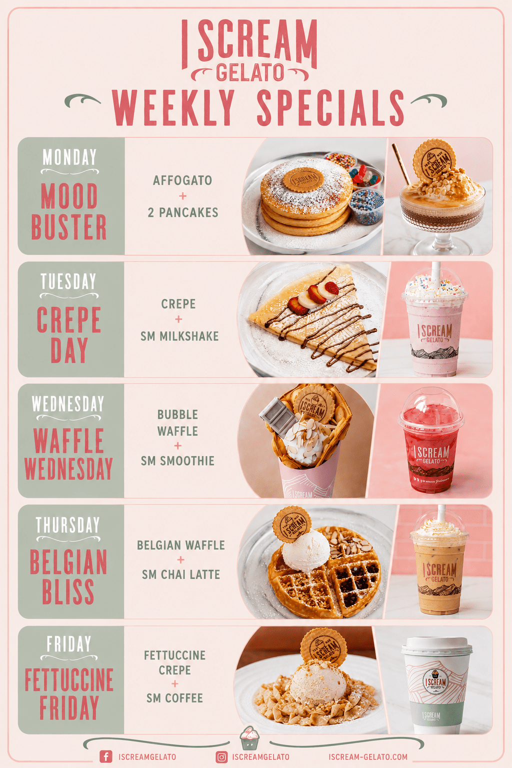 Weekly specials menu graphic for I Scream Gelato Park Meadows featuring authentic Italian gelato, desserts, coffee specials, bubble waffles, and sweet treats available Monday through Friday at the Park Meadows Mall food hall in Lone Tree, Colorado.